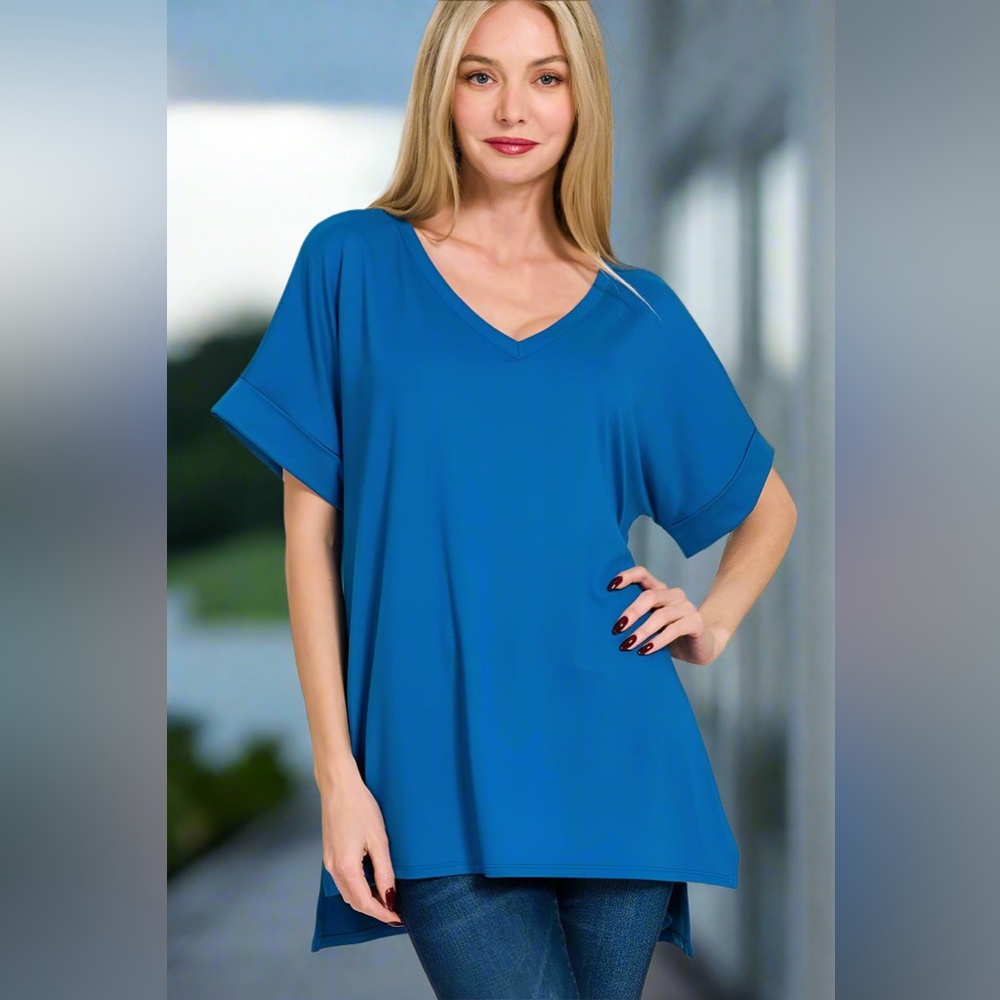 Zenana Brushed Rolled Short Sleeve V-Neck Top Side Slits and High-Low Hemline